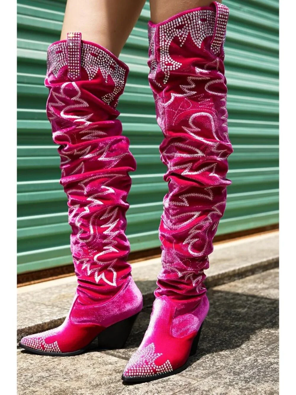 Women's Fuchsia Rhinestone Embroidered Thigh High Slouchy Wide Calf Cowgirl Boot